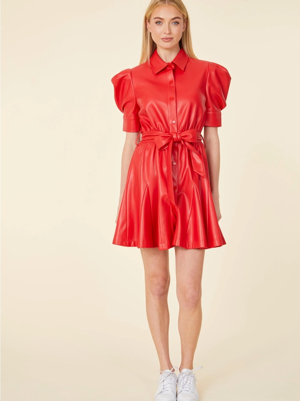 Alice + Olivia Red Faux-Leather Mini Shirt Dress with Tie Waist